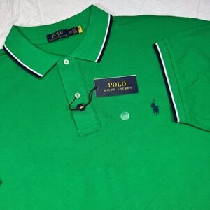 NWT POLO‎ RALPH LAUREN Mens 2XLT Green Short Sleeve Polo Shirt Navy White Piping